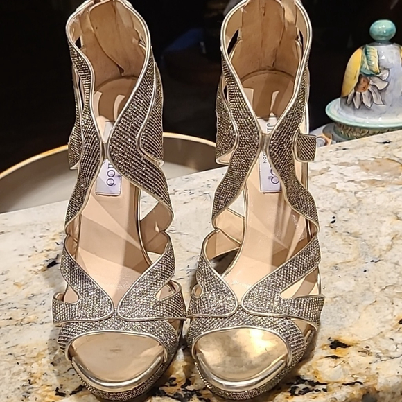 Jimmy Choo "Karla" shimmering stiletto peep toe back zip heels. Sz. 40.(10) - Picture 15 of 16